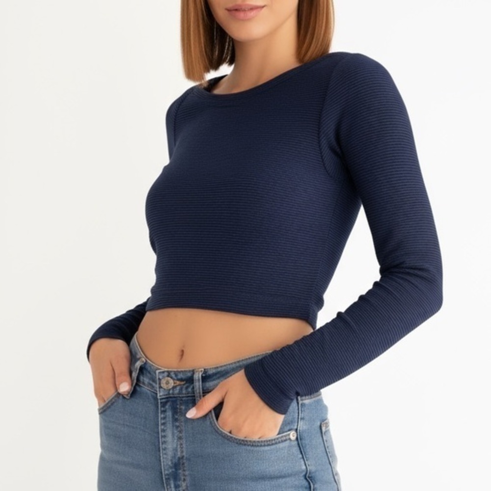 H&M Divided Ribbed Crop Top Navy Blue Long Sleeve Cotton XS